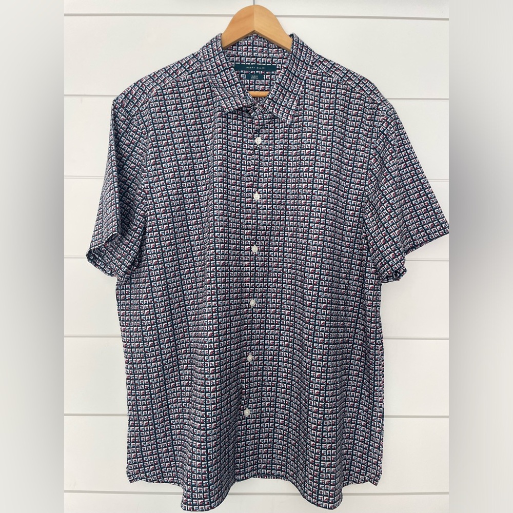 PERRY ELLIS Men’s XXL Short Sleeve Abstract Button Down Shirt - Tomato